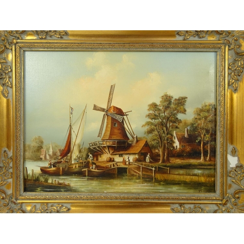 45 - H Douglas - Three oil onto canvas views of Dutch scenes, one of fisherman, figures playing on a froz... 