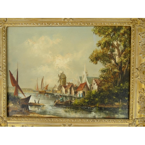 45 - H Douglas - Three oil onto canvas views of Dutch scenes, one of fisherman, figures playing on a froz... 