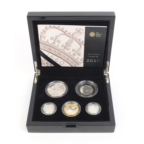 2393 - Boxed Royal Mint silver proof 2010 piedfort set, comprising five pound, two pound, two one pounds an... 