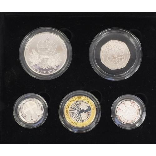 2393 - Boxed Royal Mint silver proof 2010 piedfort set, comprising five pound, two pound, two one pounds an... 