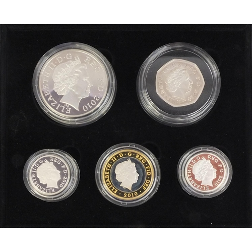 2393 - Boxed Royal Mint silver proof 2010 piedfort set, comprising five pound, two pound, two one pounds an... 