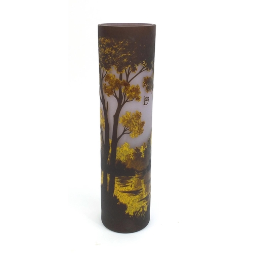 2160 - Daum style cameo glass vase decorated with a continuous view of trees, 38cm high