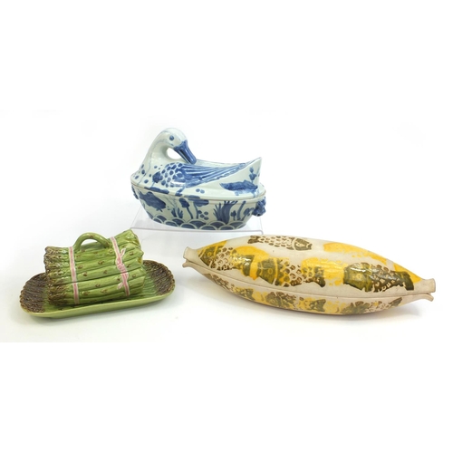 2226 - Portuguese asparagus design pot and cover on tray, a duck dish and cover and one other, 23cm high