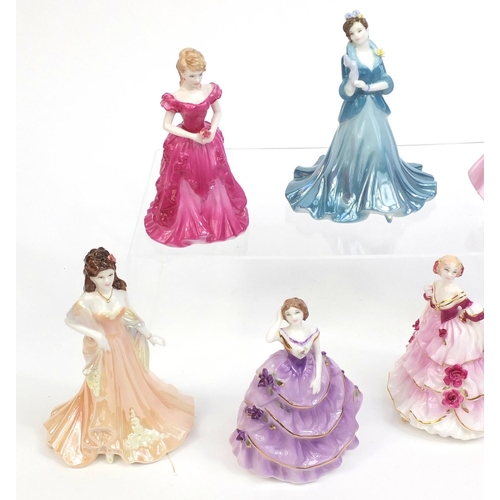 2135 - Seven Coalport figurines comprising Beau Monde Isobel, The Rainbow Ball, Daffodil Ball, Lady Amelia,... 