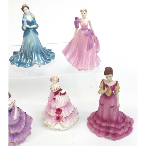 2135 - Seven Coalport figurines comprising Beau Monde Isobel, The Rainbow Ball, Daffodil Ball, Lady Amelia,... 