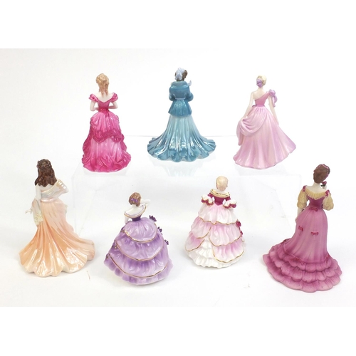 2135 - Seven Coalport figurines comprising Beau Monde Isobel, The Rainbow Ball, Daffodil Ball, Lady Amelia,... 