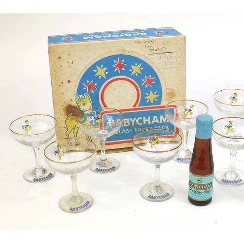 2256 - Two box set of six Babycham glasses, together with two 100ml bottles of Babycham Sparkling Perry