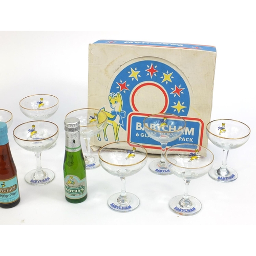 2256 - Two box set of six Babycham glasses, together with two 100ml bottles of Babycham Sparkling Perry