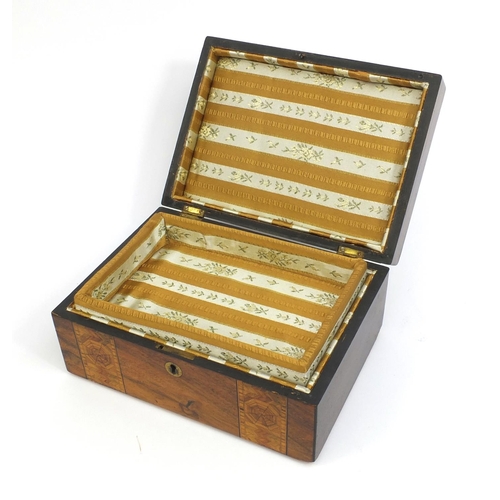 2233 - Victorian inlaid walnut workbox with hinged lid, 13cm high x 27cm wide x 20cm de