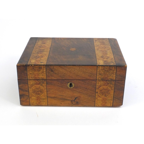 2233 - Victorian inlaid walnut workbox with hinged lid, 13cm high x 27cm wide x 20cm de