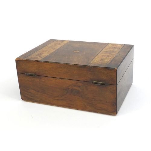 2233 - Victorian inlaid walnut workbox with hinged lid, 13cm high x 27cm wide x 20cm de