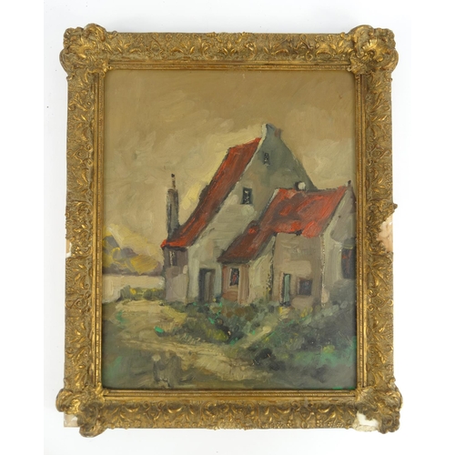 30 - Oil onto board view of a cottage with a red roof, 48cm x 38cm excluding the frame