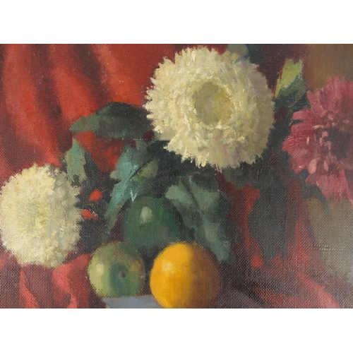 17 - Oil on board view of still life flowers in a vase, indistinctly signed
