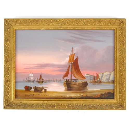 46 - Bernard Page - Oil on board view of moored boats, 35cm x 25cm excluding the frame