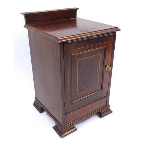 55 - Edwardian inlaid mahogany pot cupboard with brushing slide, 63cm high x 39cm wide x 38cm deep