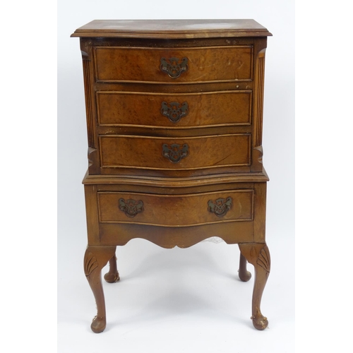 20 - Bur walnut serpentine front four drawer chest, raised on cabriole legs, 78cm high x 44cm wide x 33cm... 