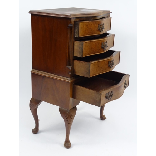 20 - Bur walnut serpentine front four drawer chest, raised on cabriole legs, 78cm high x 44cm wide x 33cm... 