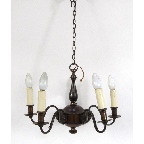 2066 - Bronzed metal five branch chandelier with rams heads, 35cm high