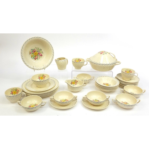 2268 - Collection of Susie Cooper printemps 2205 dinnerware including bowls, plates, terrine etc, the talle... 