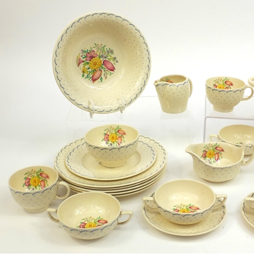 2268 - Collection of Susie Cooper printemps 2205 dinnerware including bowls, plates, terrine etc, the talle... 