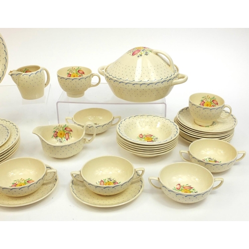 2268 - Collection of Susie Cooper printemps 2205 dinnerware including bowls, plates, terrine etc, the talle... 