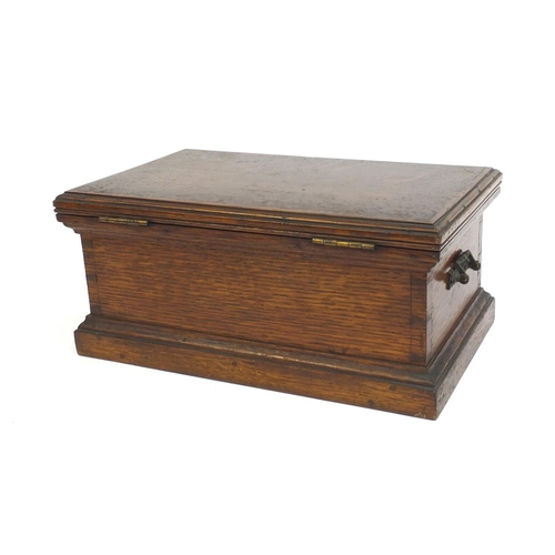 2179 - Oak casket with hinged lid, carrying handles and fitted interior, 17cm high x 36cm wide x 21cm deep