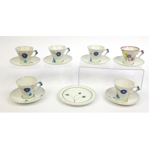 2269 - Group of James Kent cups and saucers with floral decoration including one trio, factory marks to the... 