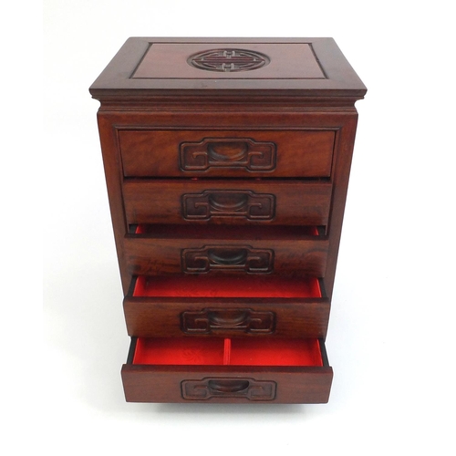 2227 - Chinese hardwood six drawer collectors cabinet, 33cm high x 26cm wide x 21cm deep