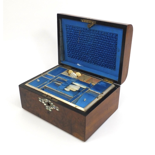 2259 - Victorian walnut sewing box with Mother of Pearl inlay and fitted lift out interior, 15cm high x 28c... 