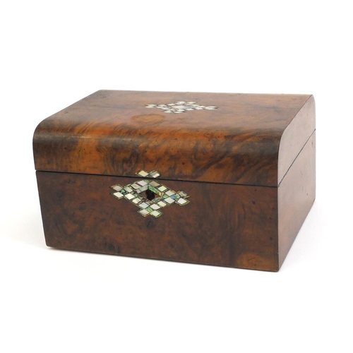 2259 - Victorian walnut sewing box with Mother of Pearl inlay and fitted lift out interior, 15cm high x 28c... 