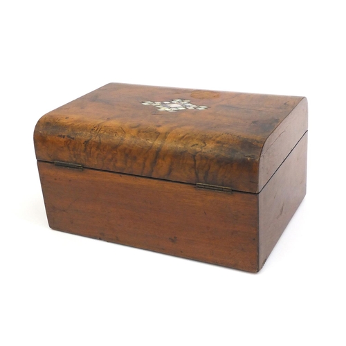 2259 - Victorian walnut sewing box with Mother of Pearl inlay and fitted lift out interior, 15cm high x 28c... 