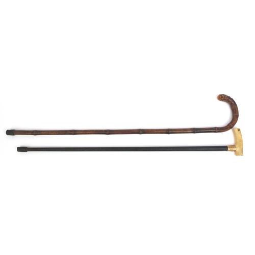 2183 - Ebonised walking cane with 9ct gold collar and ivory handle, together with an oriental bamboo exampl... 