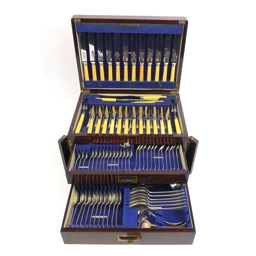 2156 - Mahogany twelve place canteen of silver plated cutlery, including some with ivorine handles and Shef... 