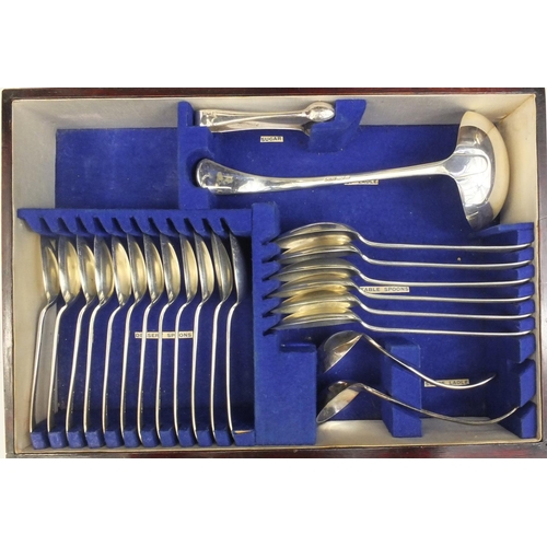 2156 - Mahogany twelve place canteen of silver plated cutlery, including some with ivorine handles and Shef... 