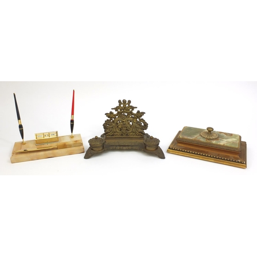 2261 - Group of desk stands including a brass letter rack with two inkwells and pierced decoration, marblei... 