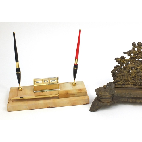 2261 - Group of desk stands including a brass letter rack with two inkwells and pierced decoration, marblei... 