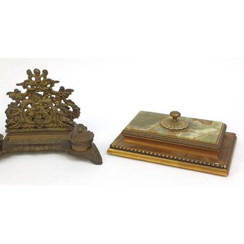 2261 - Group of desk stands including a brass letter rack with two inkwells and pierced decoration, marblei... 