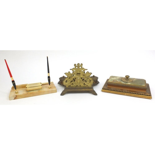 2261 - Group of desk stands including a brass letter rack with two inkwells and pierced decoration, marblei... 