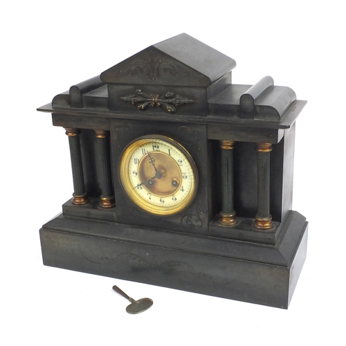 2339 - Victorian black slate mantle clock with Corinthian column supports and enamelled dial, 34cm high