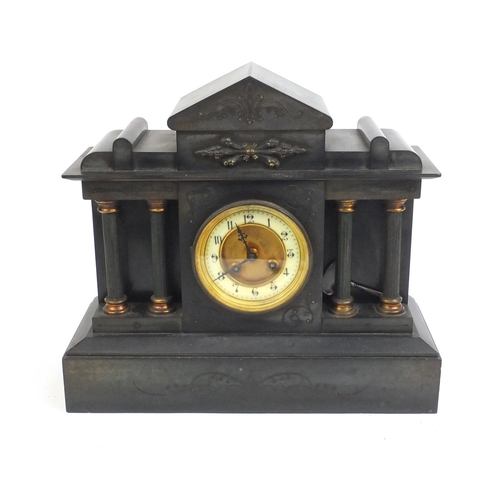 2339 - Victorian black slate mantle clock with Corinthian column supports and enamelled dial, 34cm high