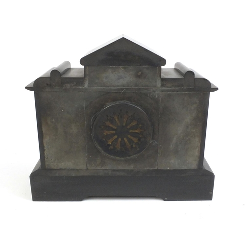 2339 - Victorian black slate mantle clock with Corinthian column supports and enamelled dial, 34cm high