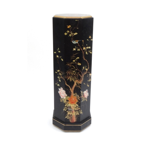2050 - Black lacquered style octagonal pedestal decorated with birds amongst flowers and foliage, 102cm hig... 