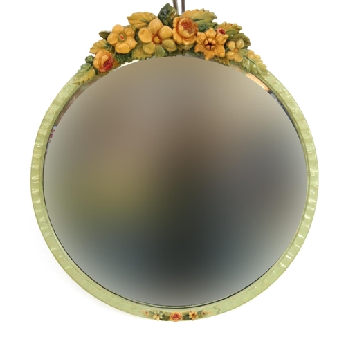 2061 - Circular barbola style mirror with floral decoration, 54cm in diameter