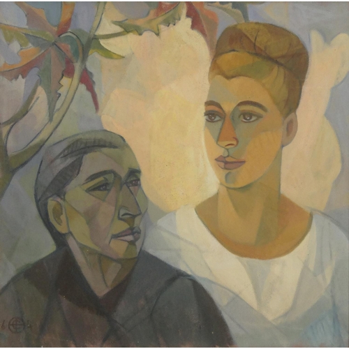 2300 - Oil onto board abstract composition of two figures, bearing a monogram and dated '64, framed, 60cm x... 