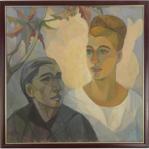 2300 - Oil onto board abstract composition of two figures, bearing a monogram and dated '64, framed, 60cm x... 