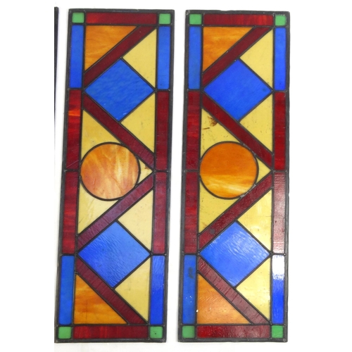 2089 - Four colourful leaded stained glass windows with geometric design, each 104cm high x 33cm wide