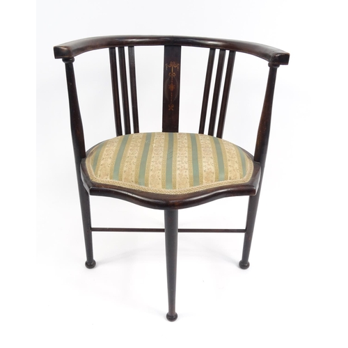 24 - Edwardian inlaid tub chair with cross stretcher and regency striped seat