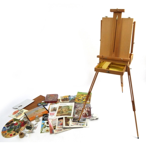 2097 - Winsor & Newton windrush sketch box easel together with artist equipment including palettes, pastel ... 