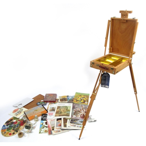 2097 - Winsor & Newton windrush sketch box easel together with artist equipment including palettes, pastel ... 