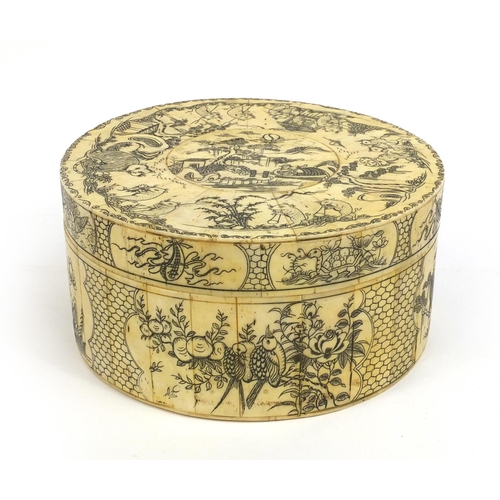 2260 - Oriental circular bone box and cover decorated with figures and birds of paradise amongst flowers an... 